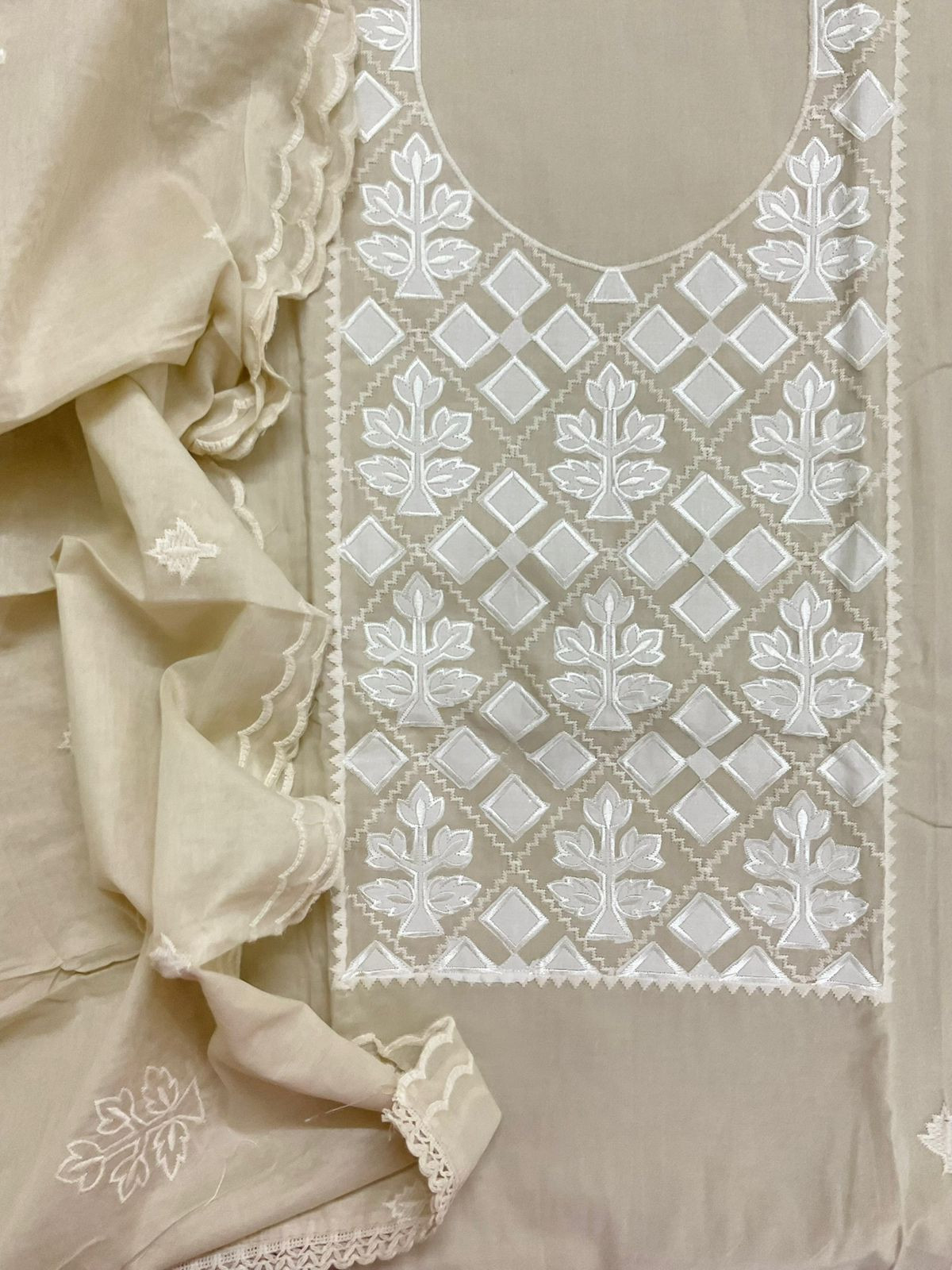 Pure Cotton Embroidered Suit - Beige