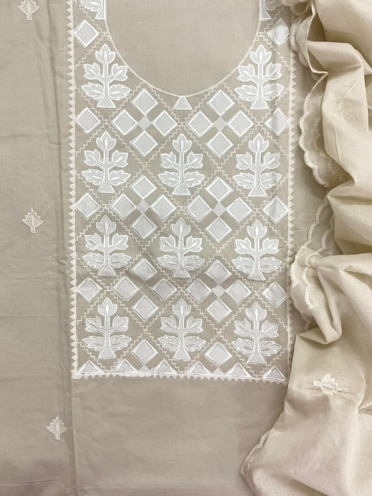 Pure Cotton Embroidered Suit - Beige