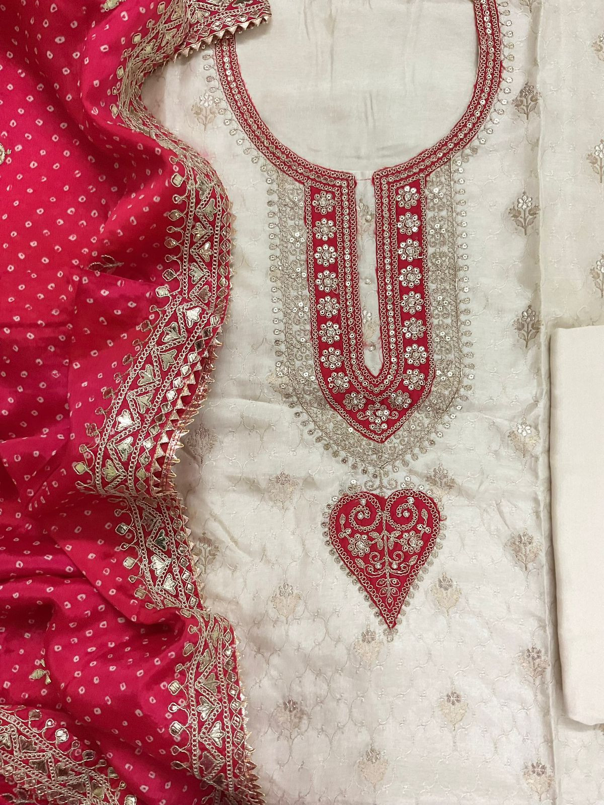 Soft Dola Silk Banarasi Weaved Embroidered Suit - Off White