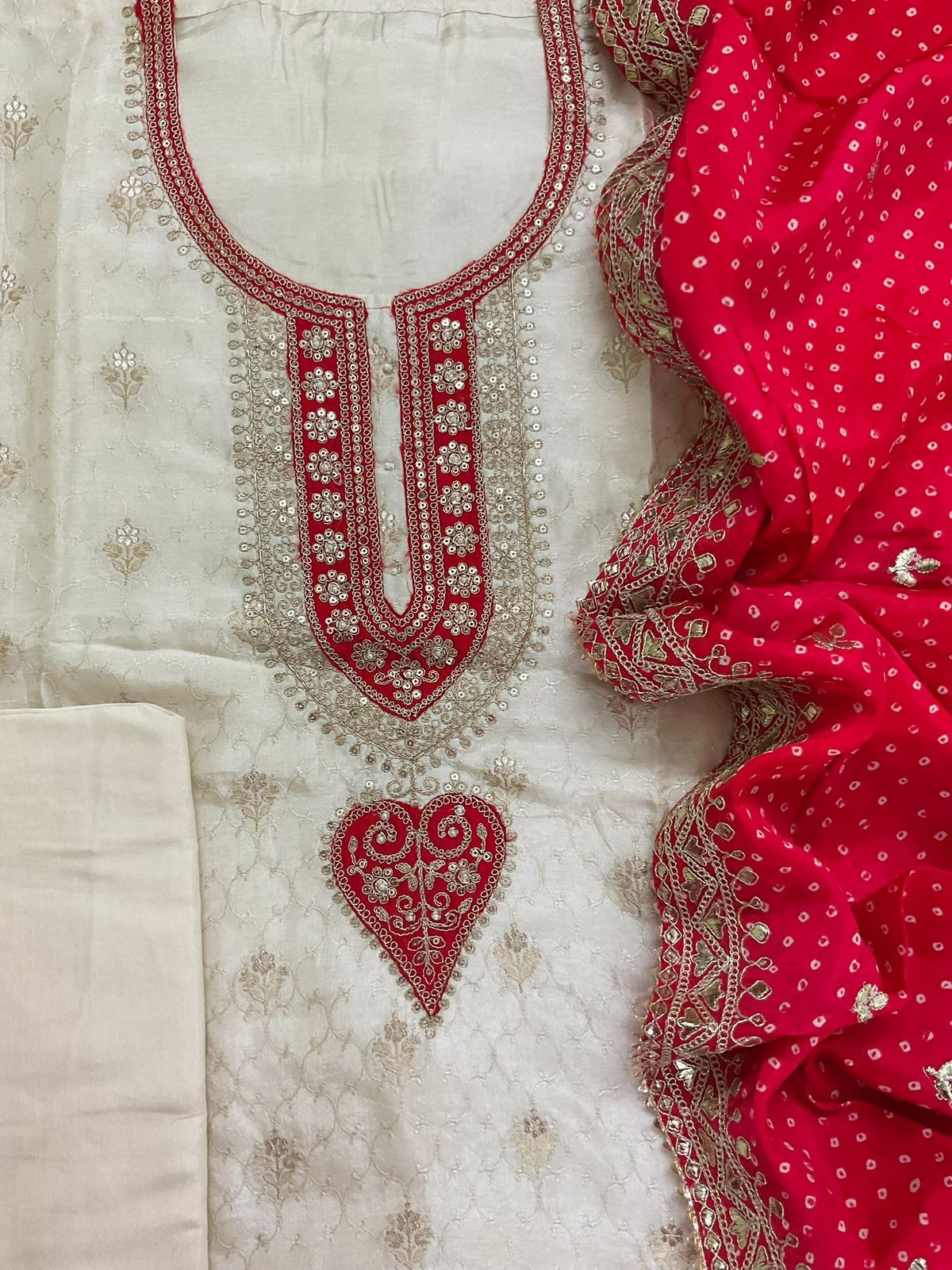 Soft Dola Silk Banarasi Weaved Embroidered Suit - Off White