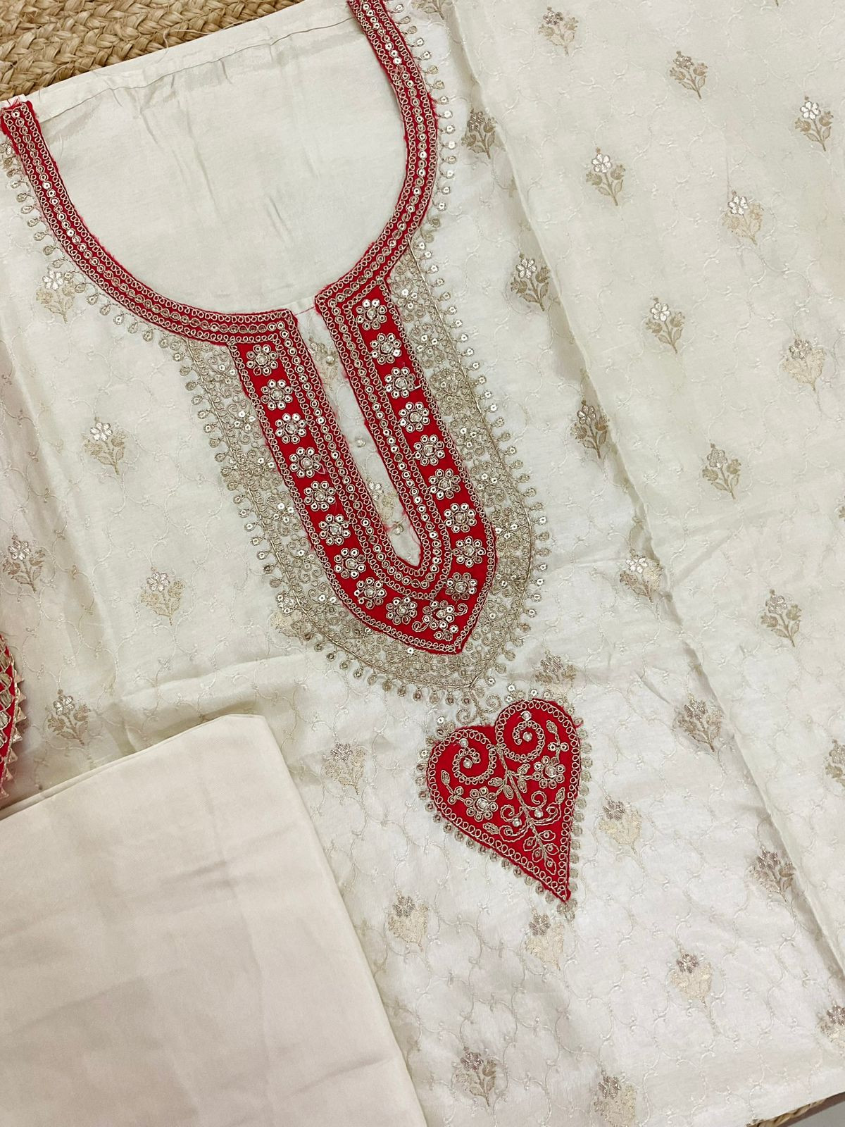 Soft Dola Silk Banarasi Weaved Embroidered Suit - Off White
