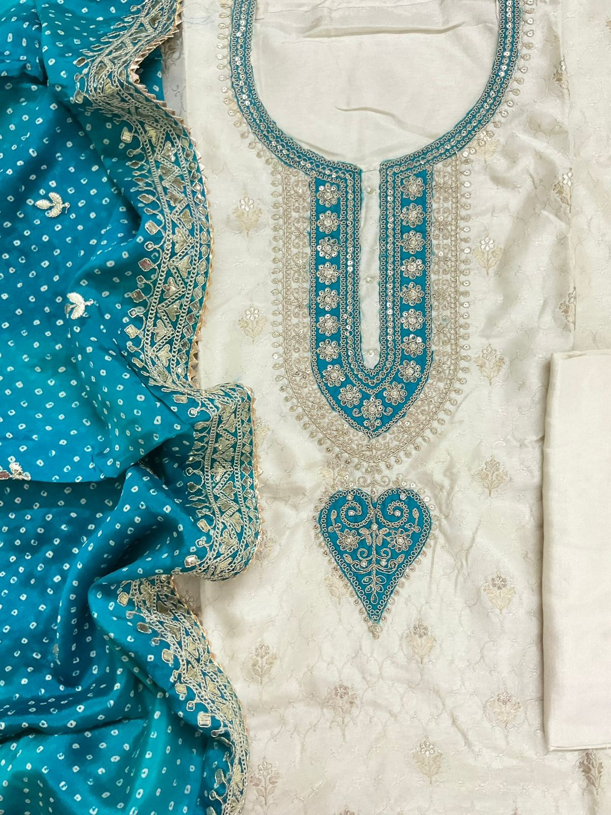 Soft Dola Silk Banarasi Weaved Embroidered Suit - Off White