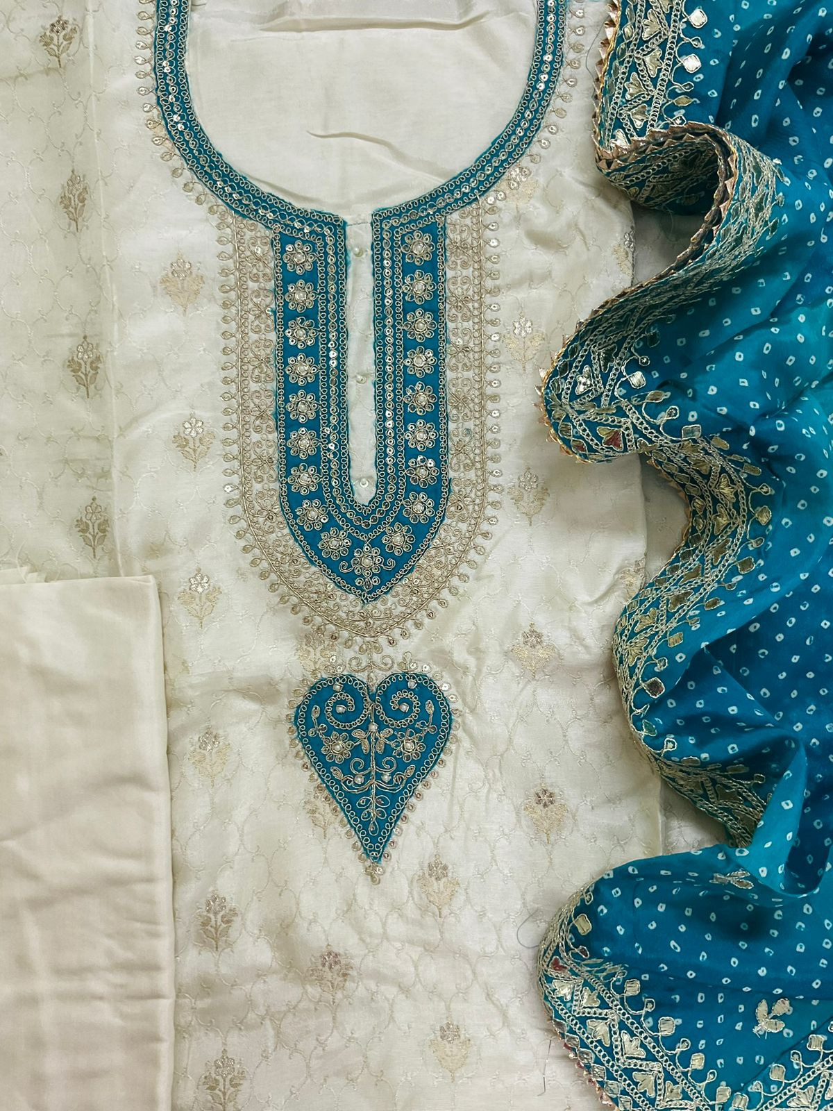 Soft Dola Silk Banarasi Weaved Embroidered Suit - Off White