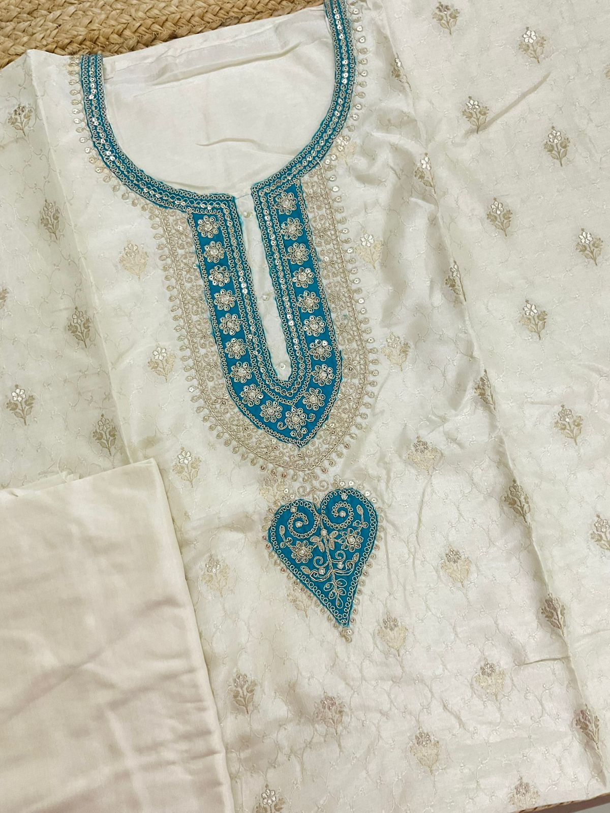 Soft Dola Silk Banarasi Weaved Embroidered Suit - Off White