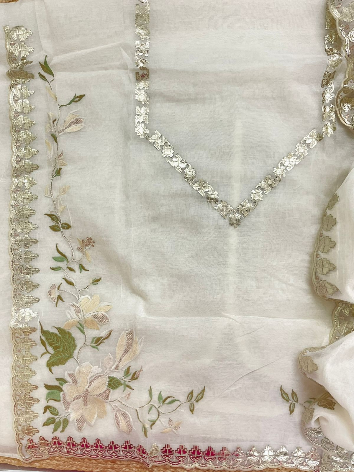 Pure Chanderi Embroidered Suit - Offwhite