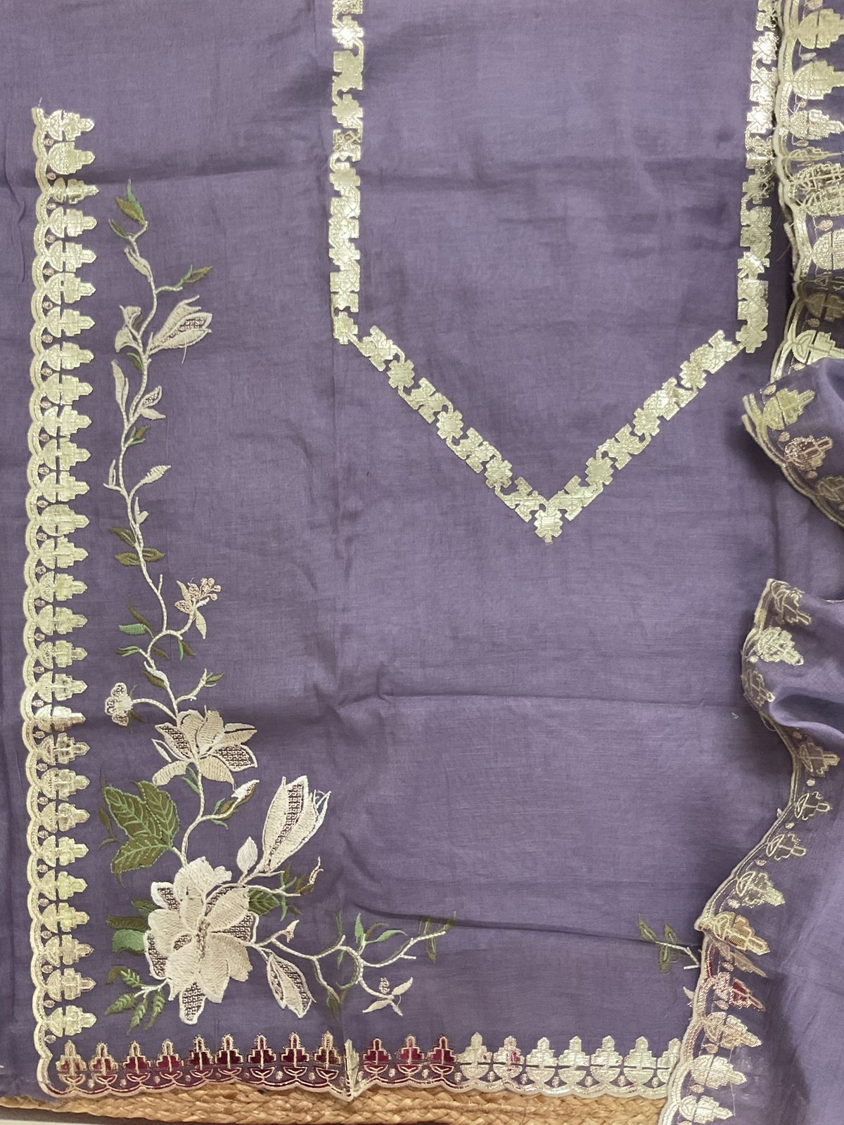 Pure Chanderi Embroidered Suit - Lavender