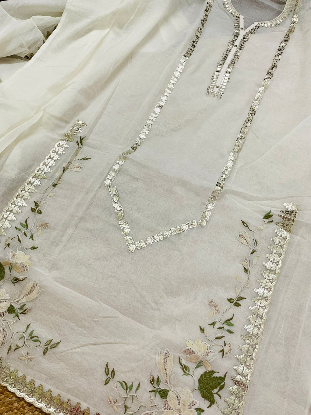 Pure Chanderi Embroidered Suit - Offwhite
