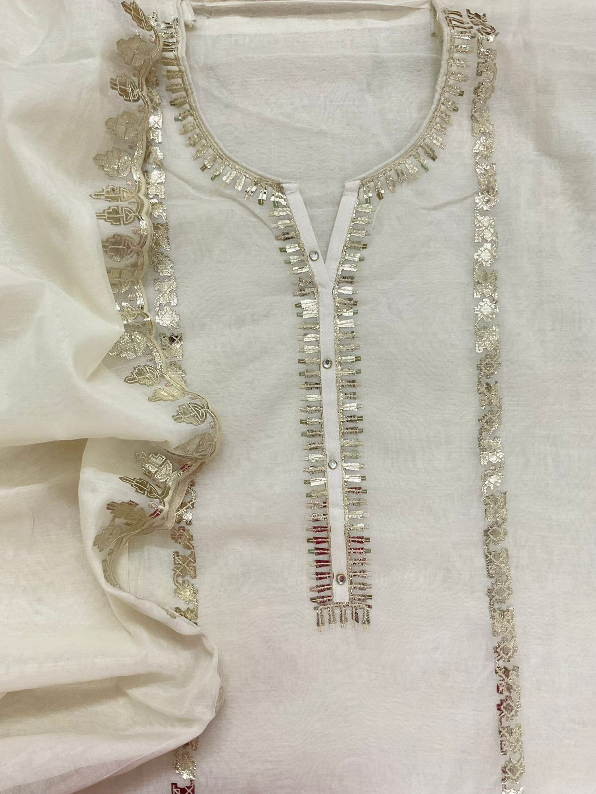 Pure Chanderi Embroidered Suit - Offwhite