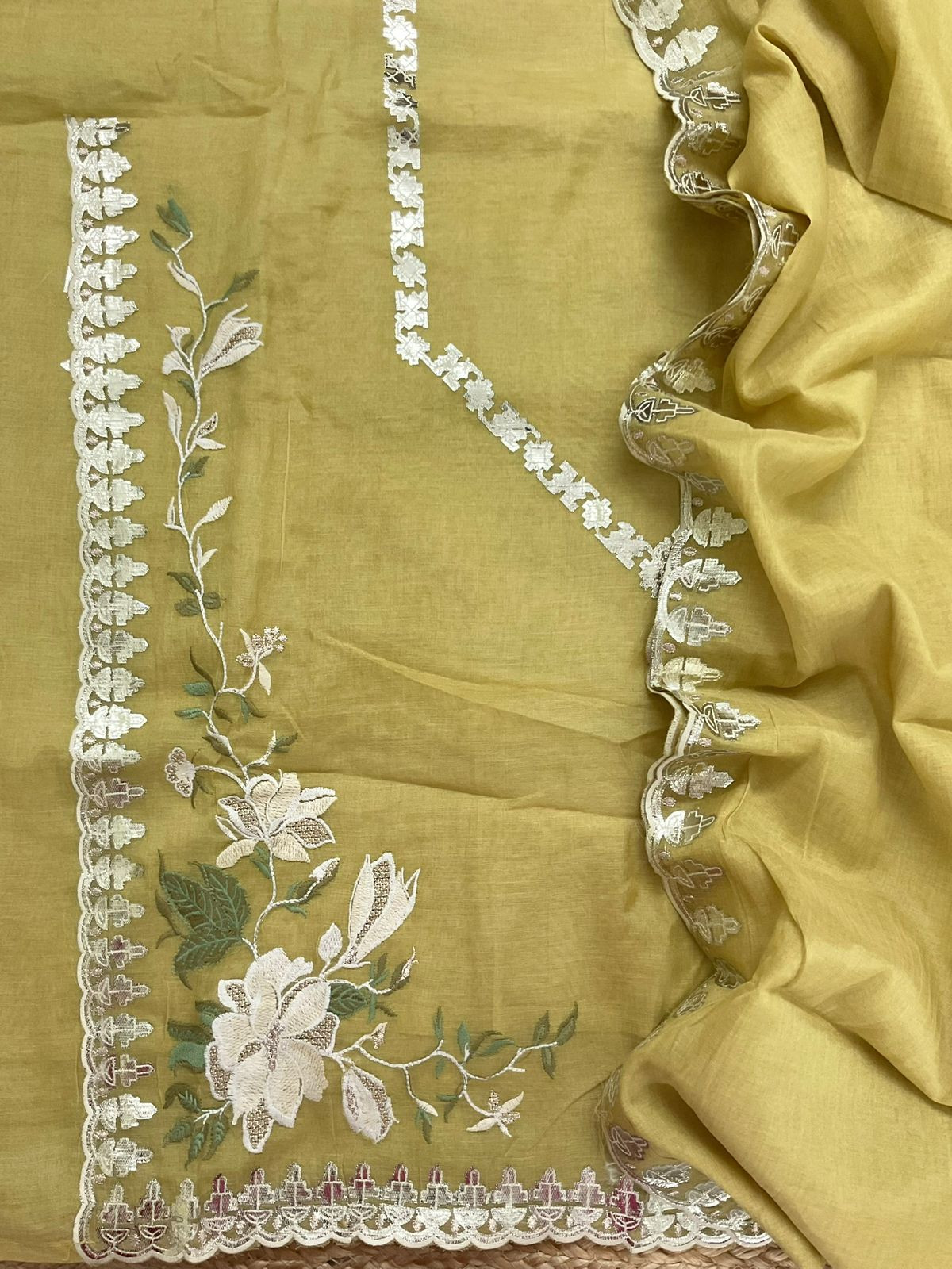 Pure Chanderi Embroidered Suit - Yellow