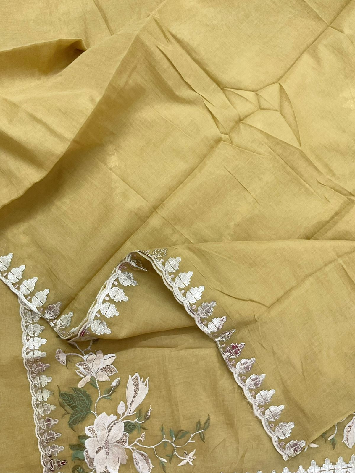 Pure Chanderi Embroidered Suit - Yellow