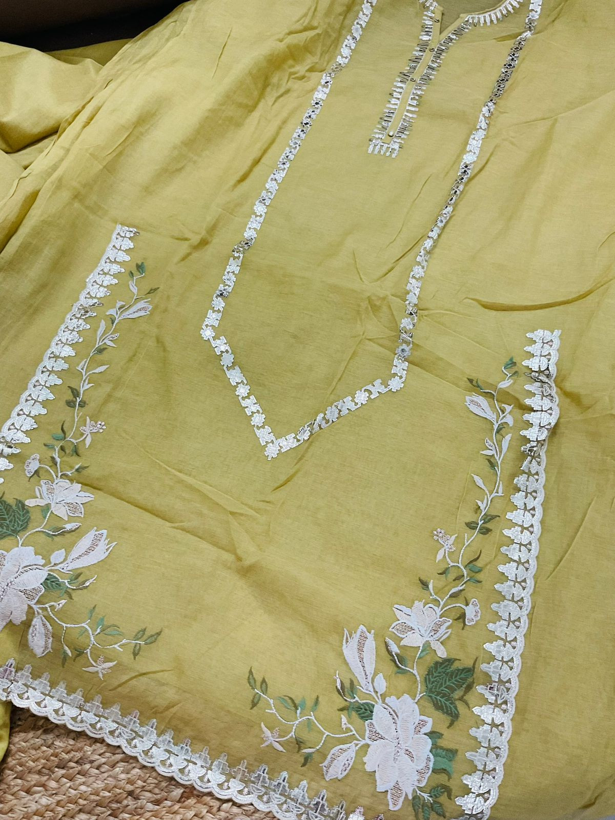 Pure Chanderi Embroidered Suit - Yellow