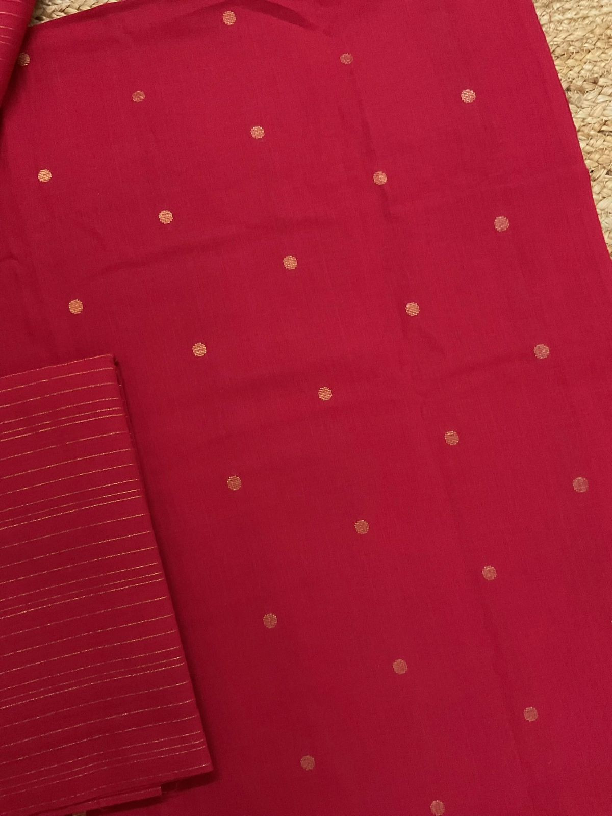 Pure Handloom Cotton Self Weaved Suit - Red
