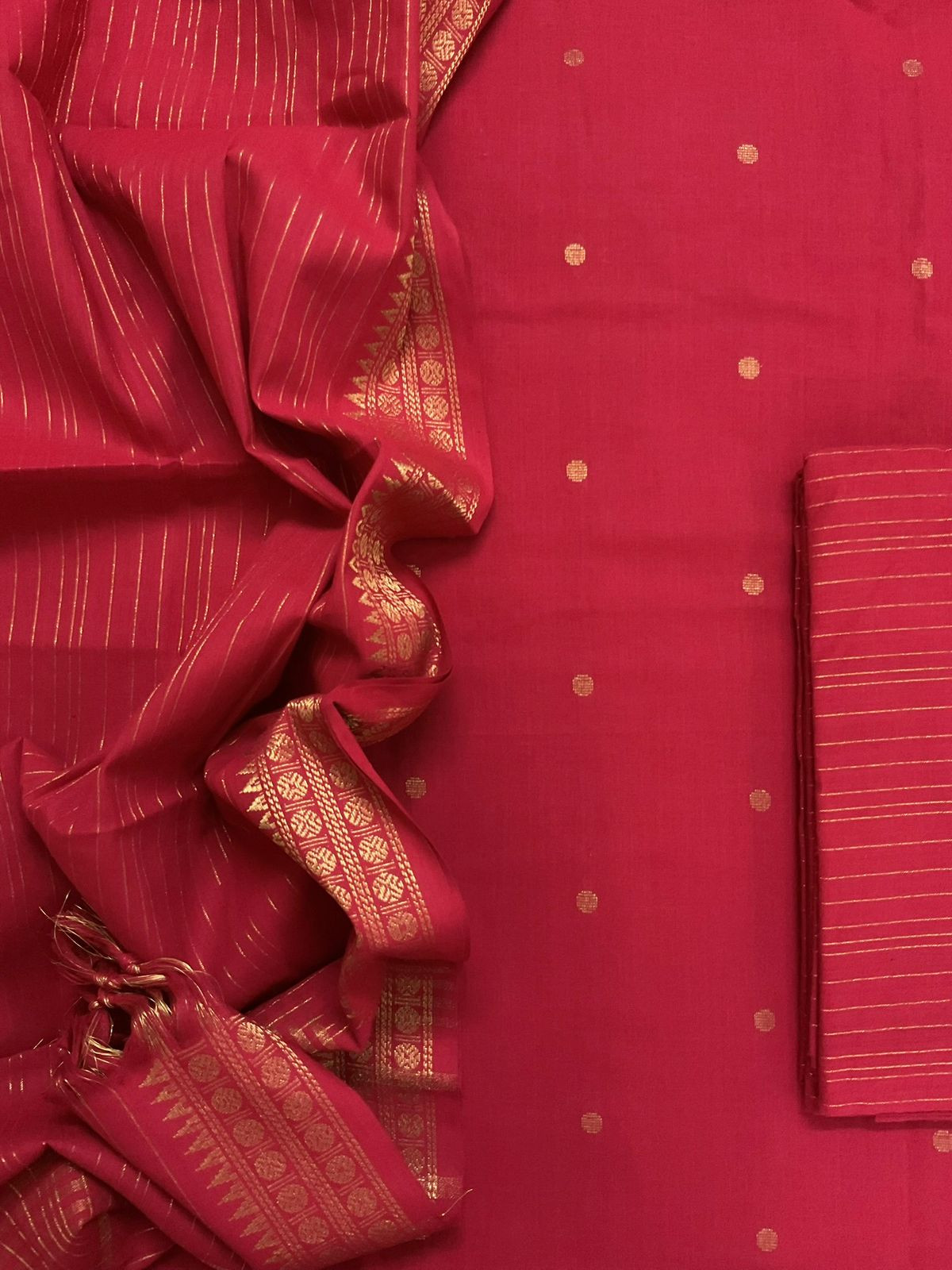 Pure Handloom Cotton Self Weaved Suit - Red