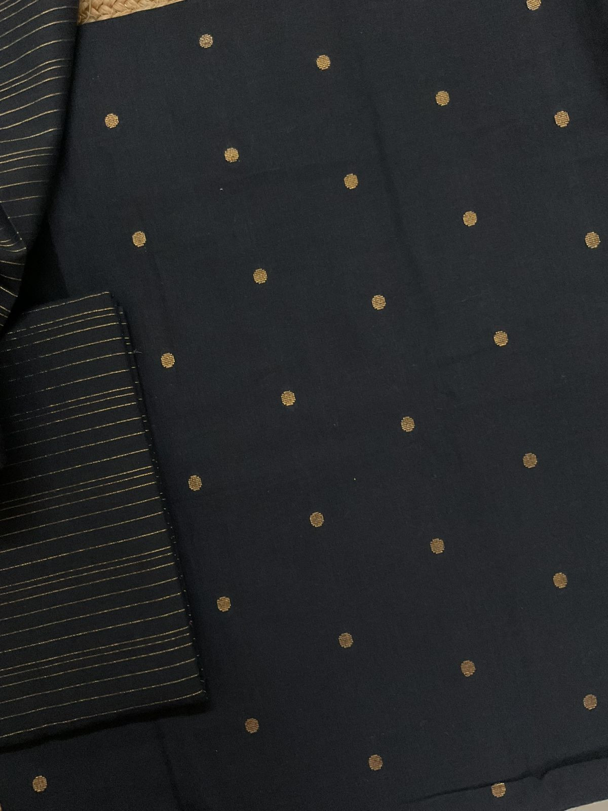 Pure Handloom Cotton Self Weaved Suit - Black