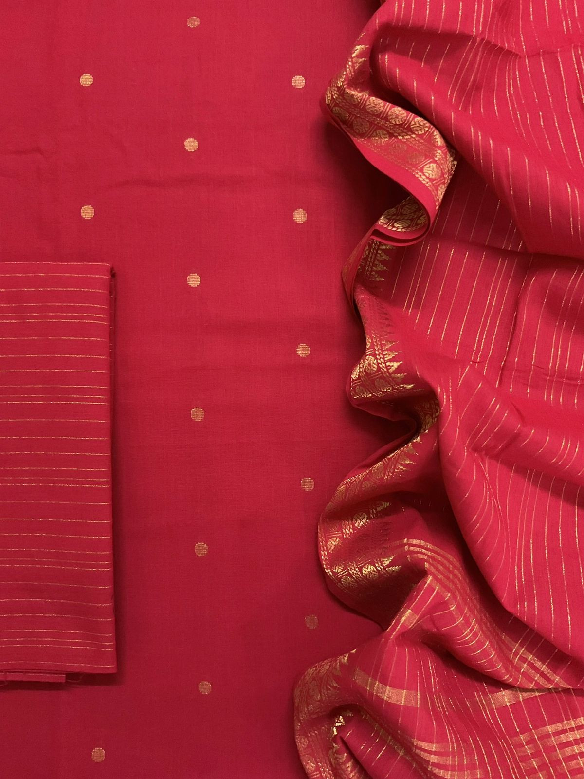 Pure Handloom Cotton Self Weaved Suit - Red