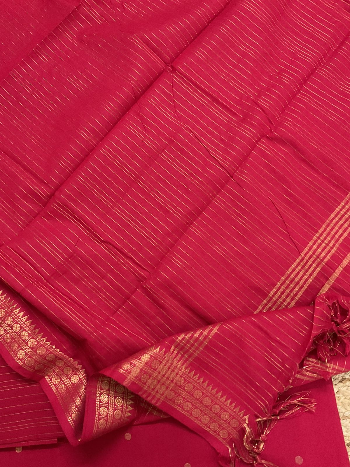 Pure Handloom Cotton Self Weaved Suit - Red