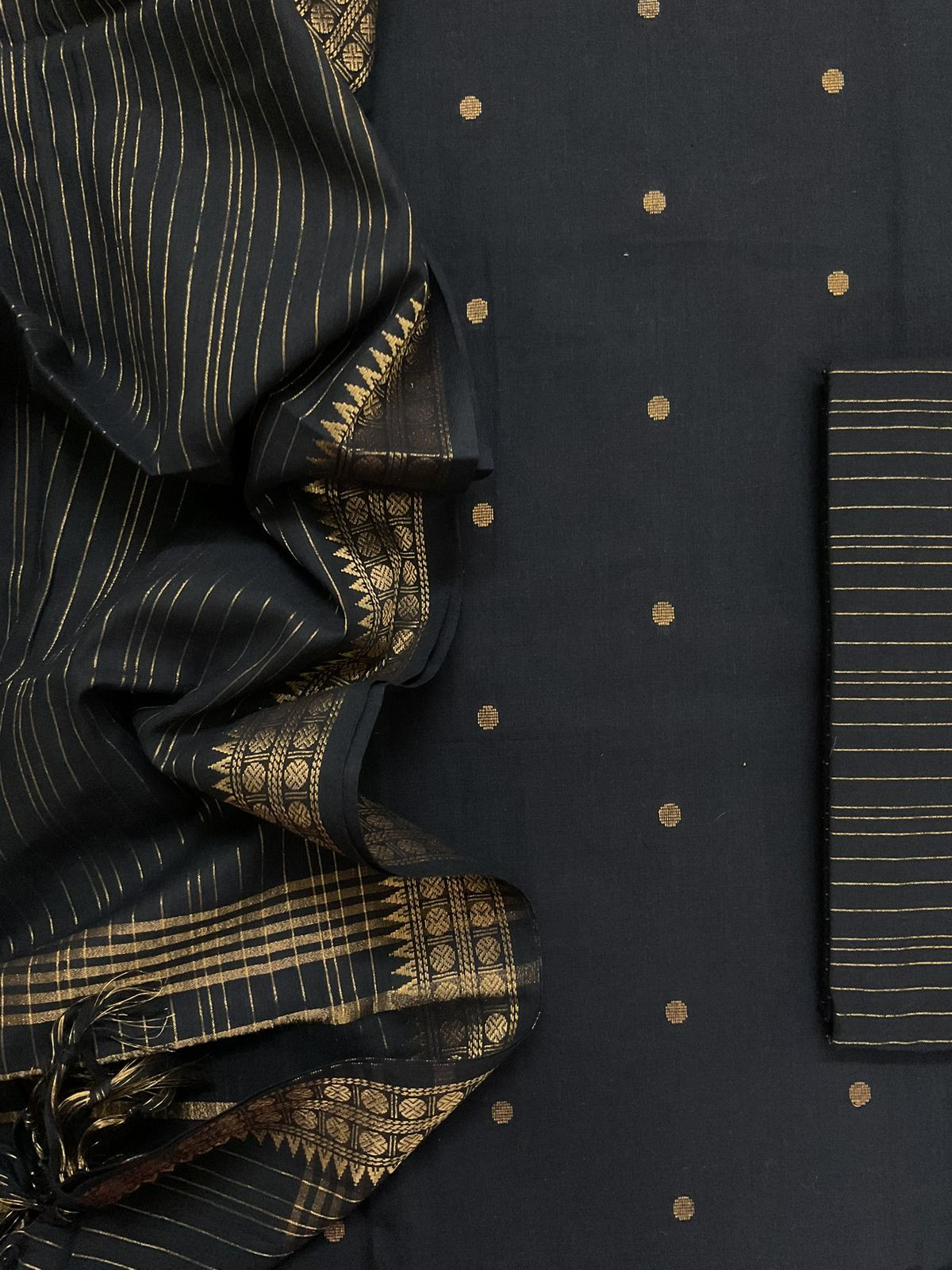 Pure Handloom Cotton Self Weaved Suit - Black