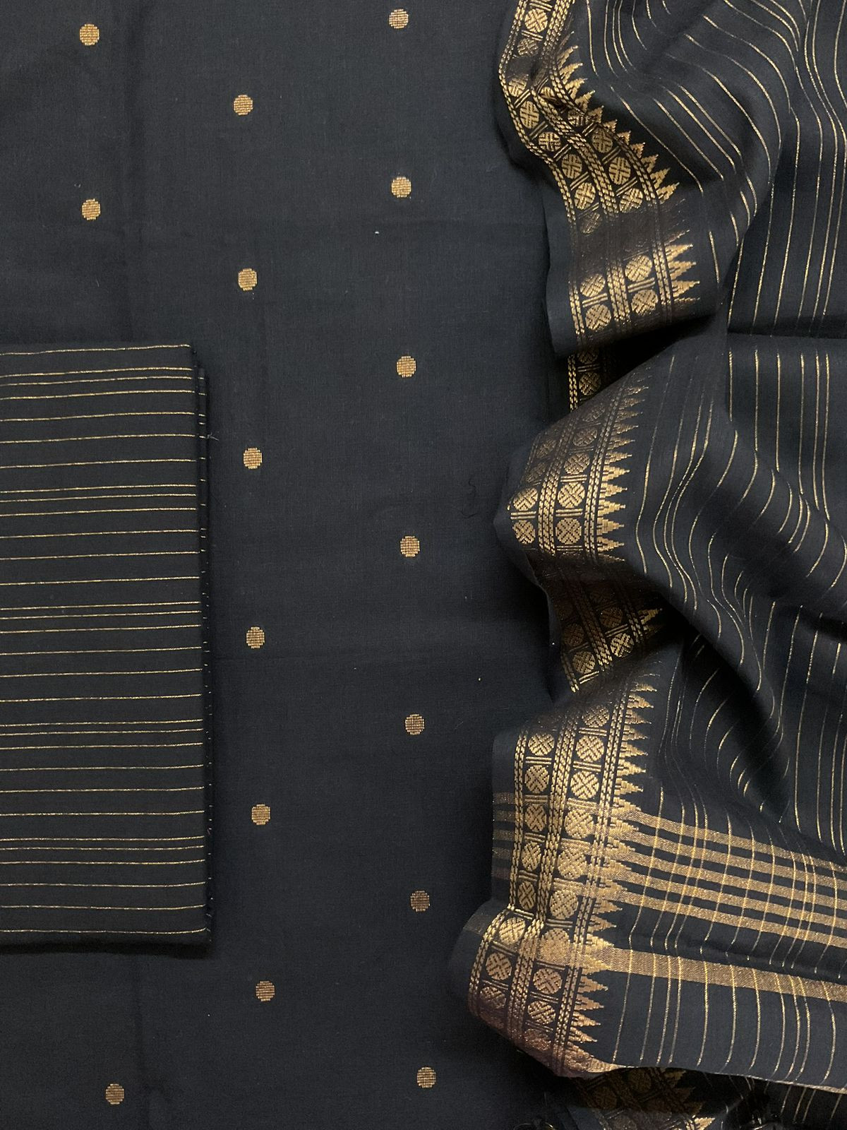 Pure Handloom Cotton Self Weaved Suit - Black