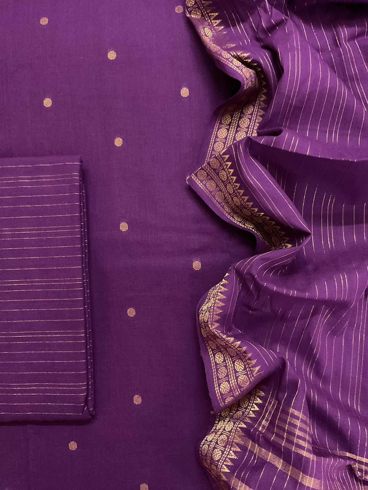 Pure Handloom Cotton Self Weaved Suit - Purple