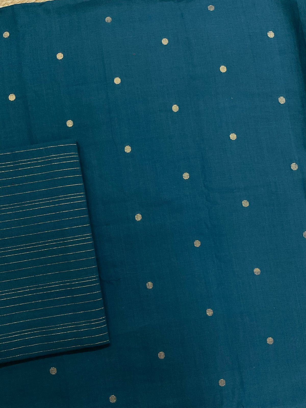 Pure Handloom Cotton Self Weaved Suit - Peacock Blue