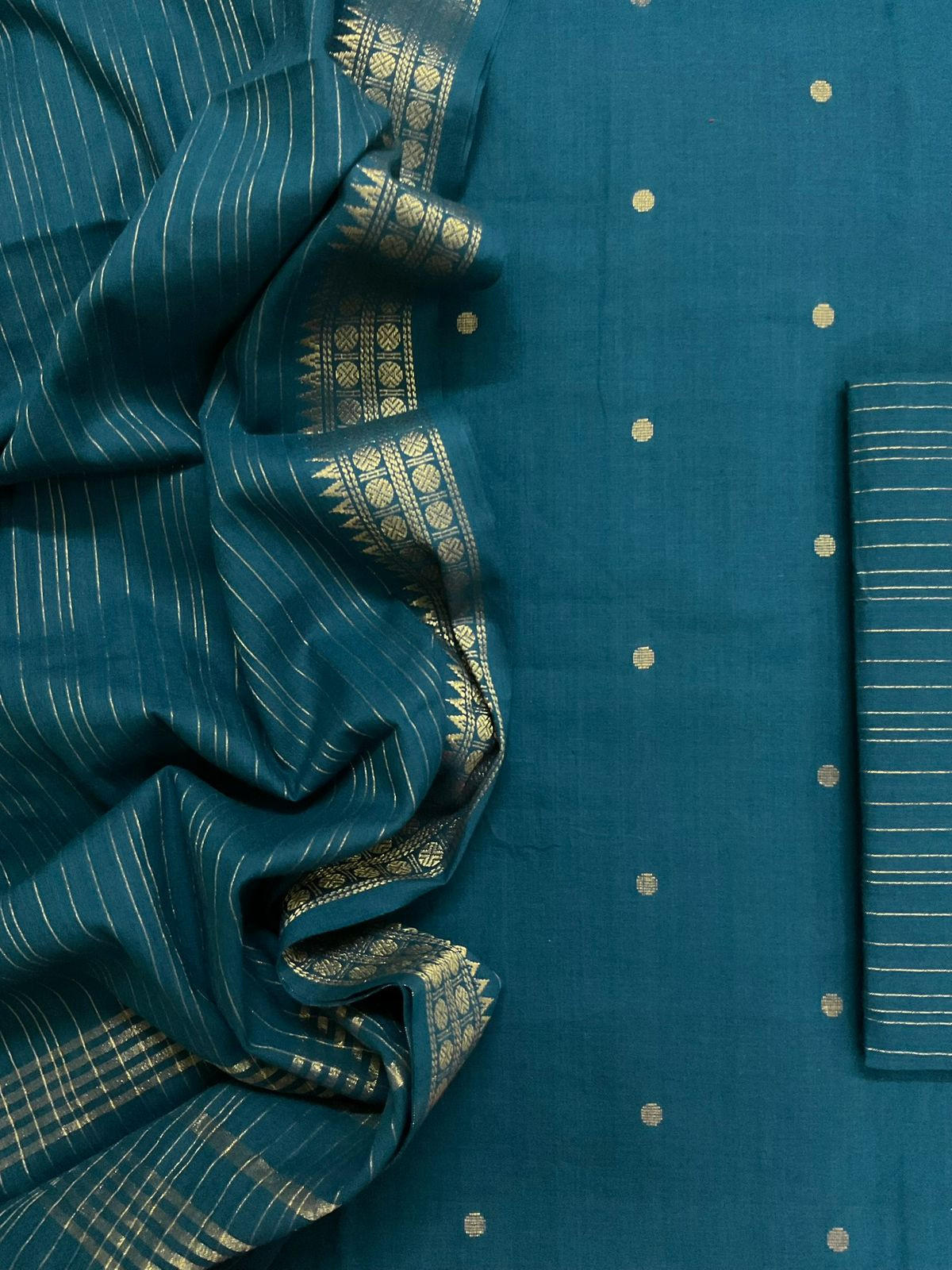 Pure Handloom Cotton Self Weaved Suit - Peacock Blue