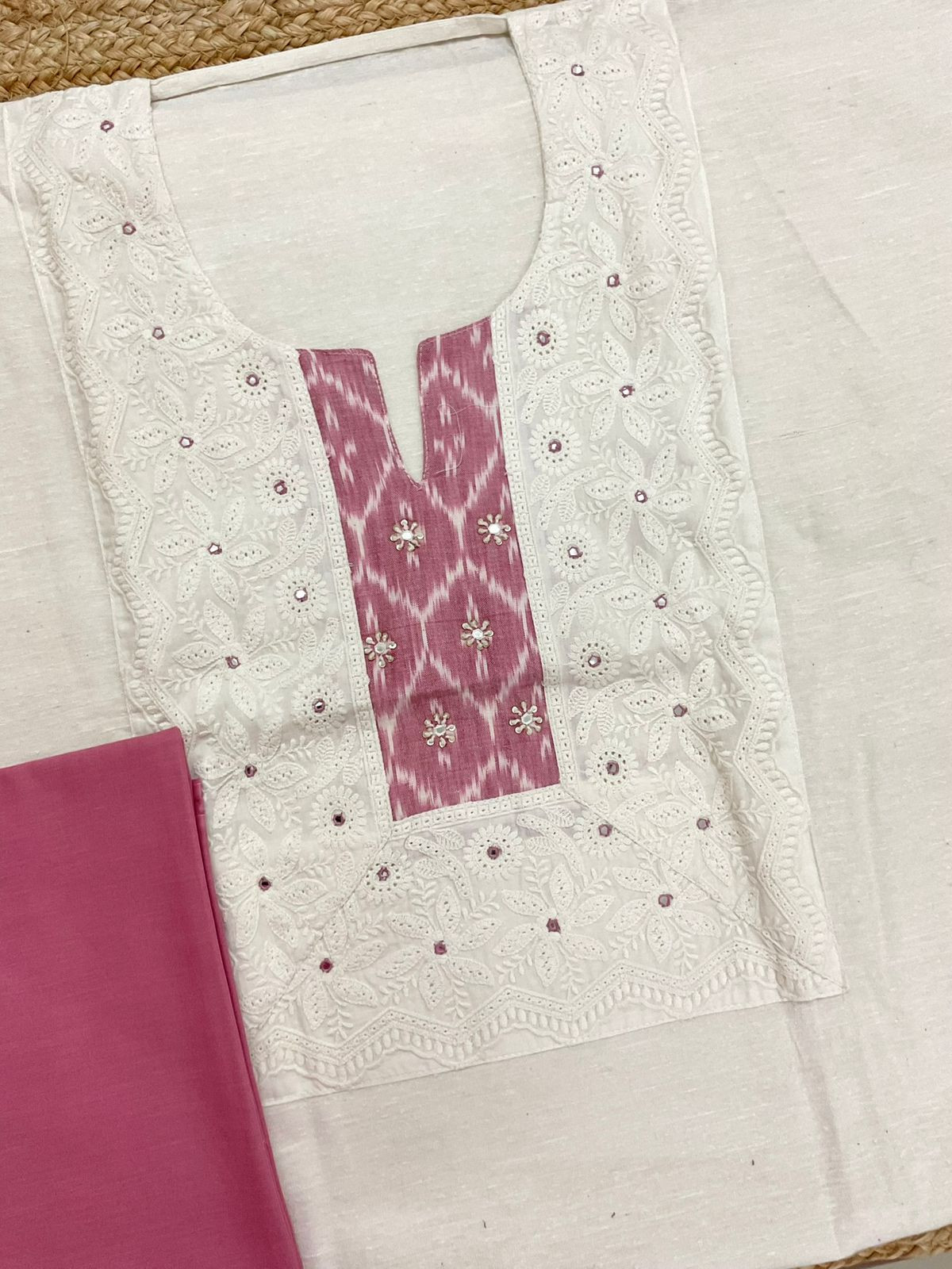 Pure Slub Cotton Printed Embroidered Suit - Off White