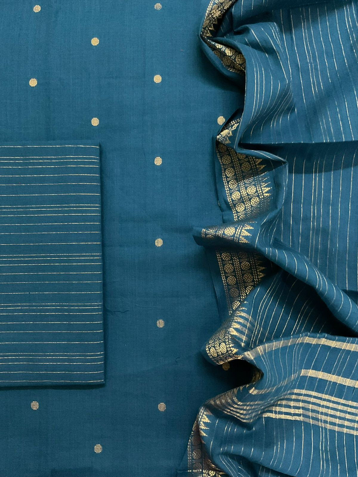 Pure Handloom Cotton Self Weaved Suit - Peacock Blue