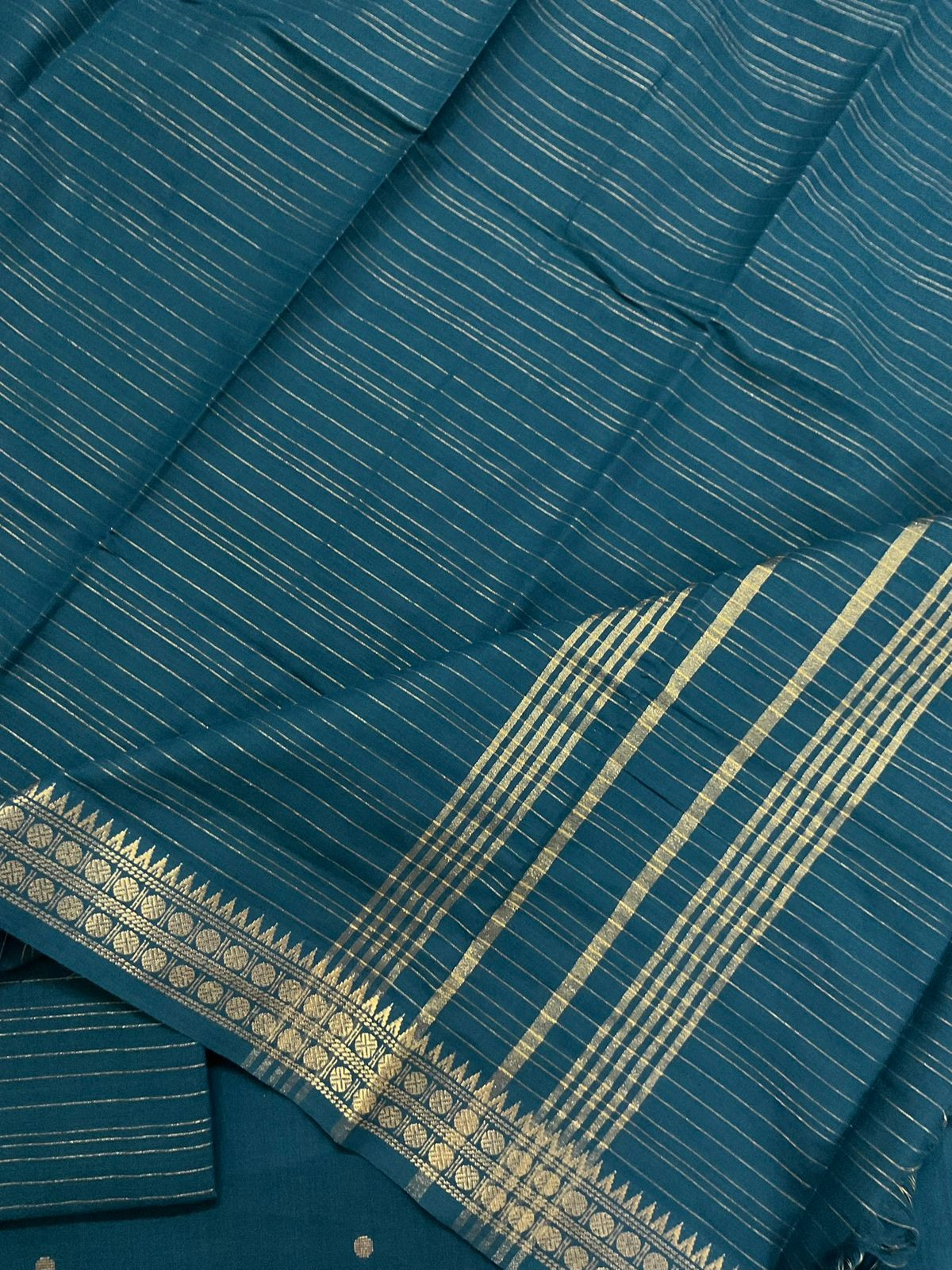 Pure Handloom Cotton Self Weaved Suit - Peacock Blue