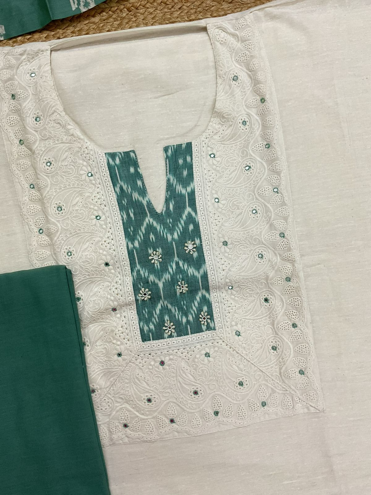 Pure Slub Cotton Printed Embroidered Suit - Off White