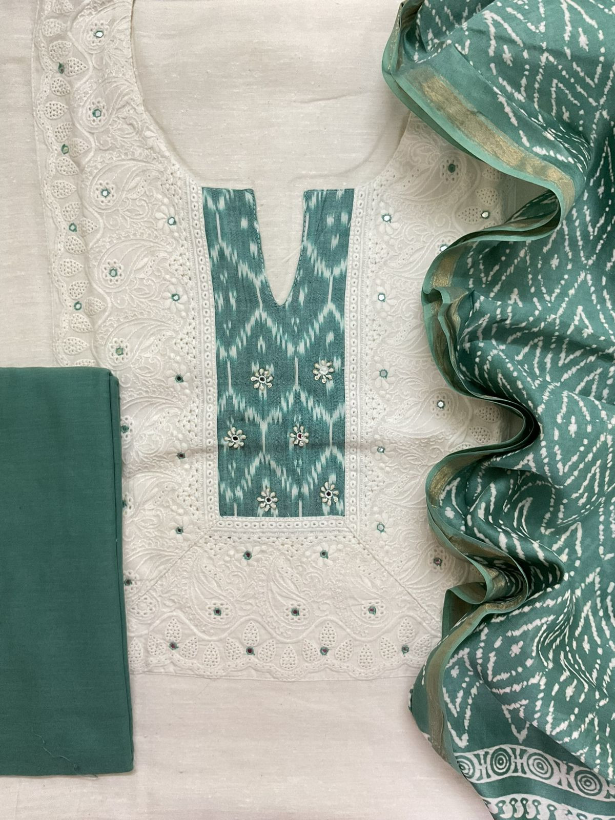 Pure Slub Cotton Printed Embroidered Suit - Off White