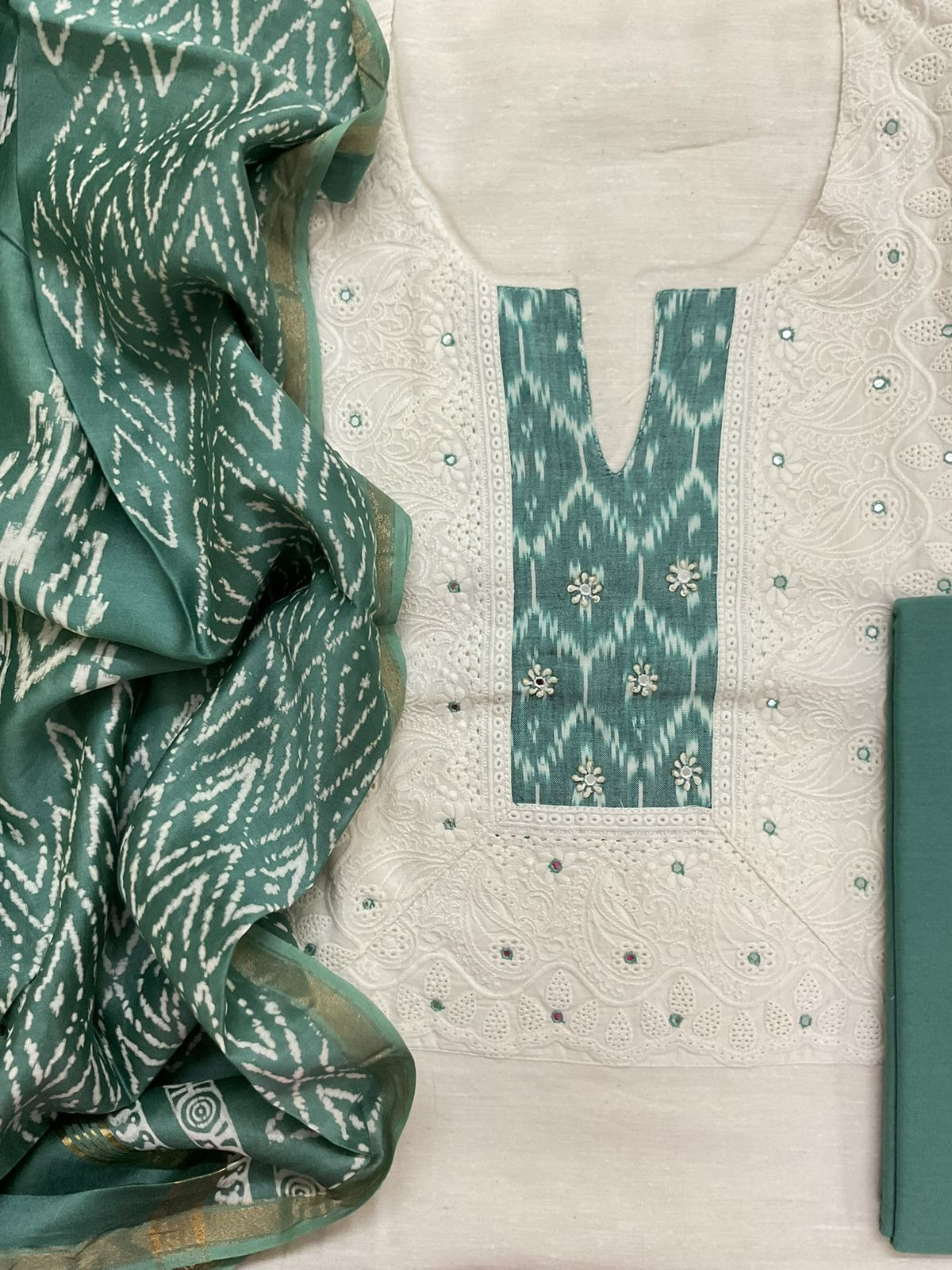 Pure Slub Cotton Printed Embroidered Suit - Off White