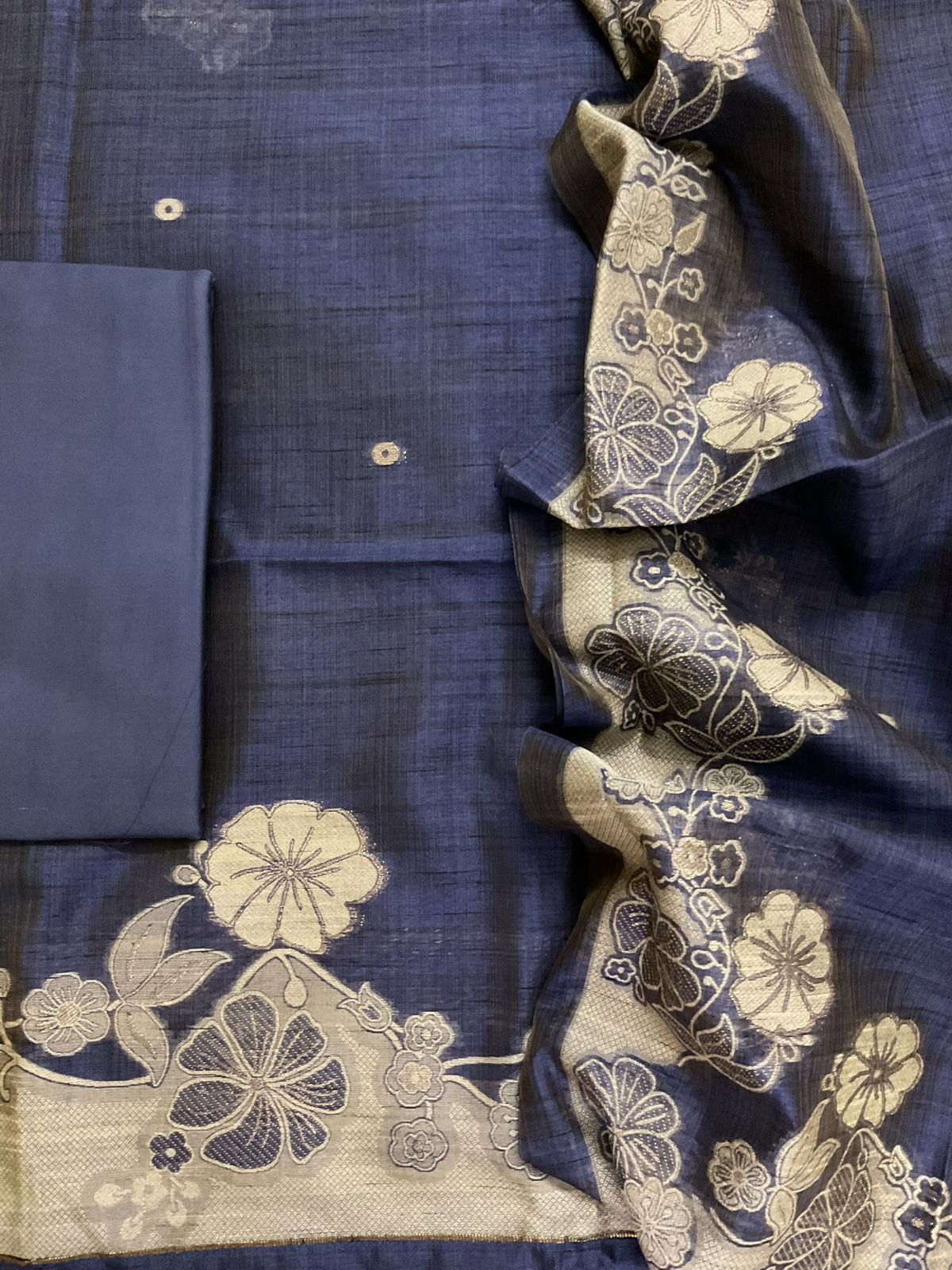 Soft Slub Chanderi Jamdani Weaved Suit - Blue