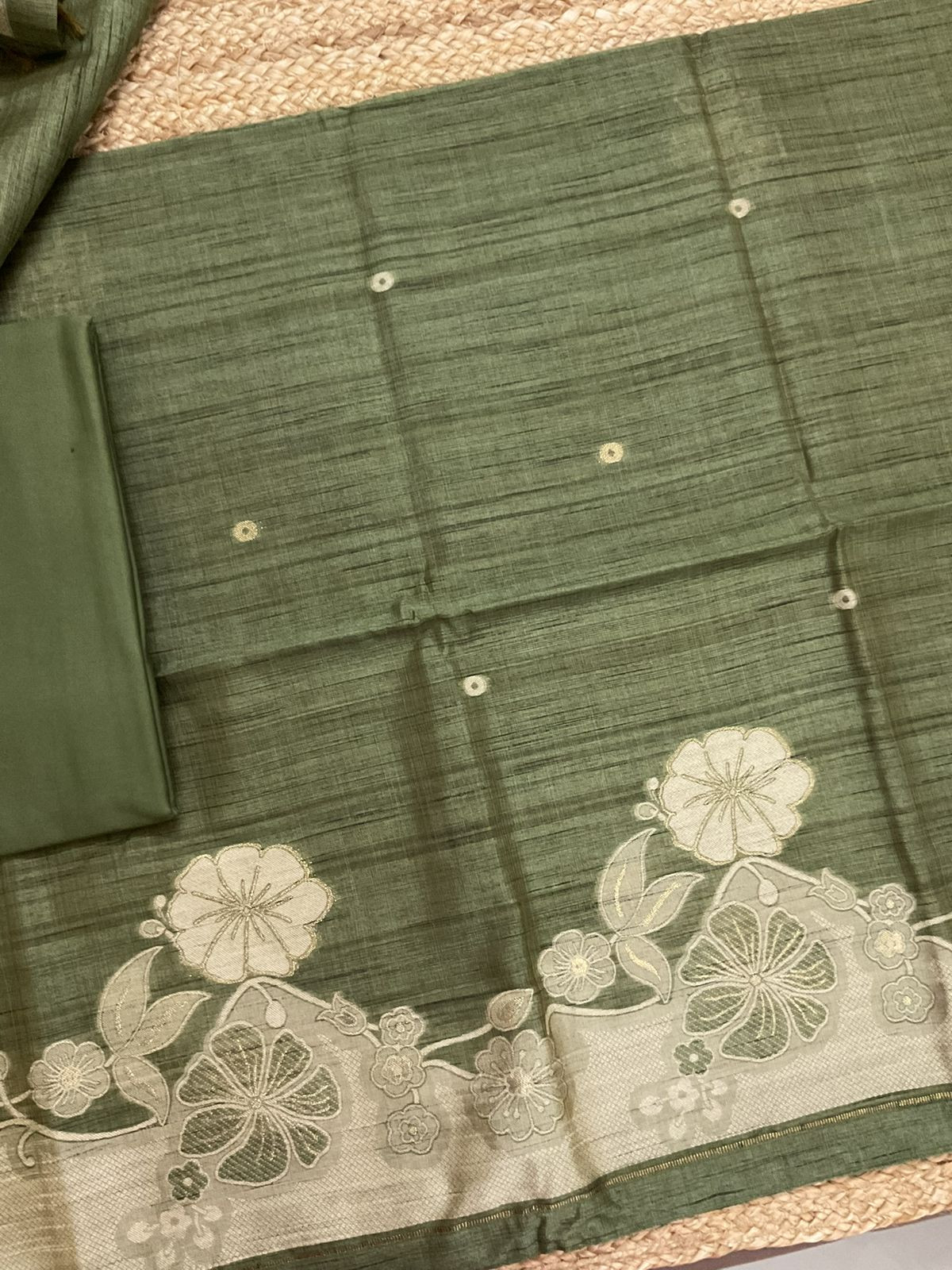 Soft Slub Chanderi Jamdani Weaved Suit - Green