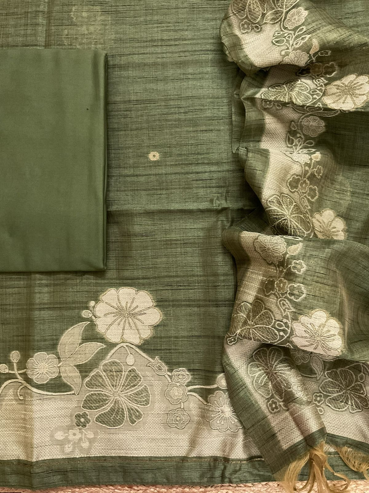 Soft Slub Chanderi Jamdani Weaved Suit - Green