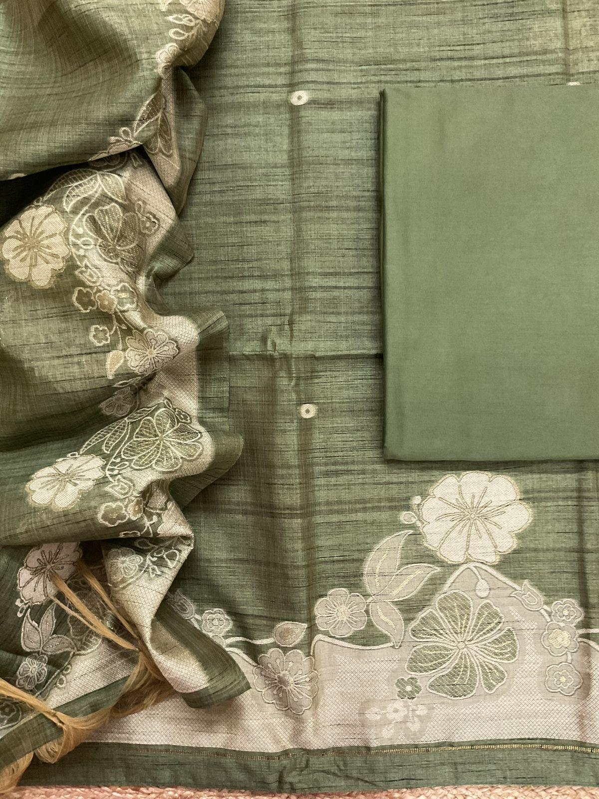 Soft Slub Chanderi Jamdani Weaved Suit - Green