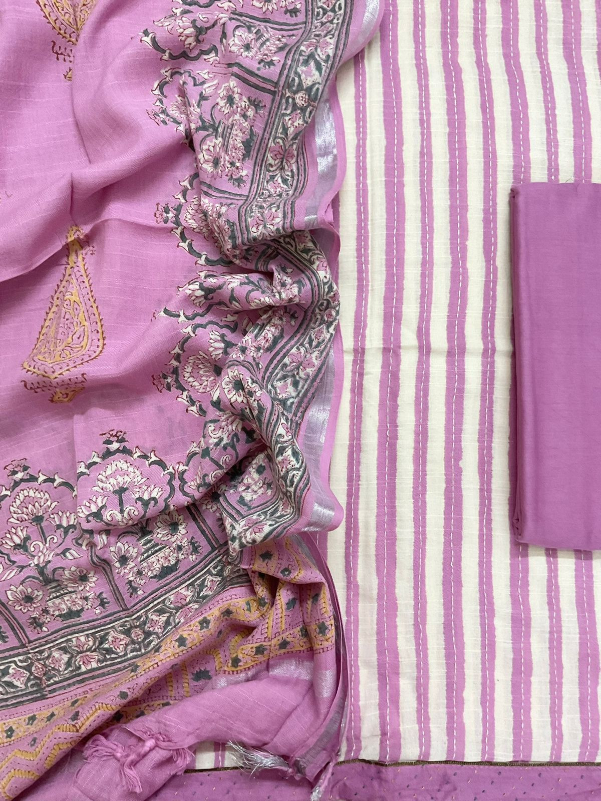 Soft Linen Jute Cotton Printed Embroidered Suit - Lavender