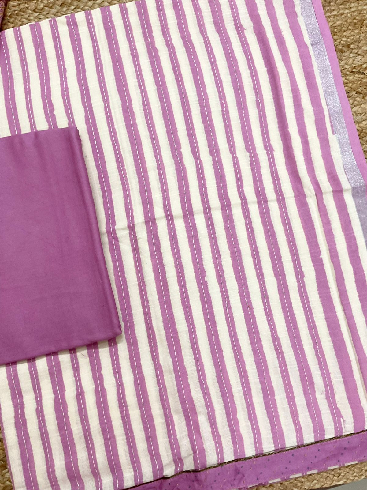 Soft Linen Jute Cotton Printed Embroidered Suit - Lavender