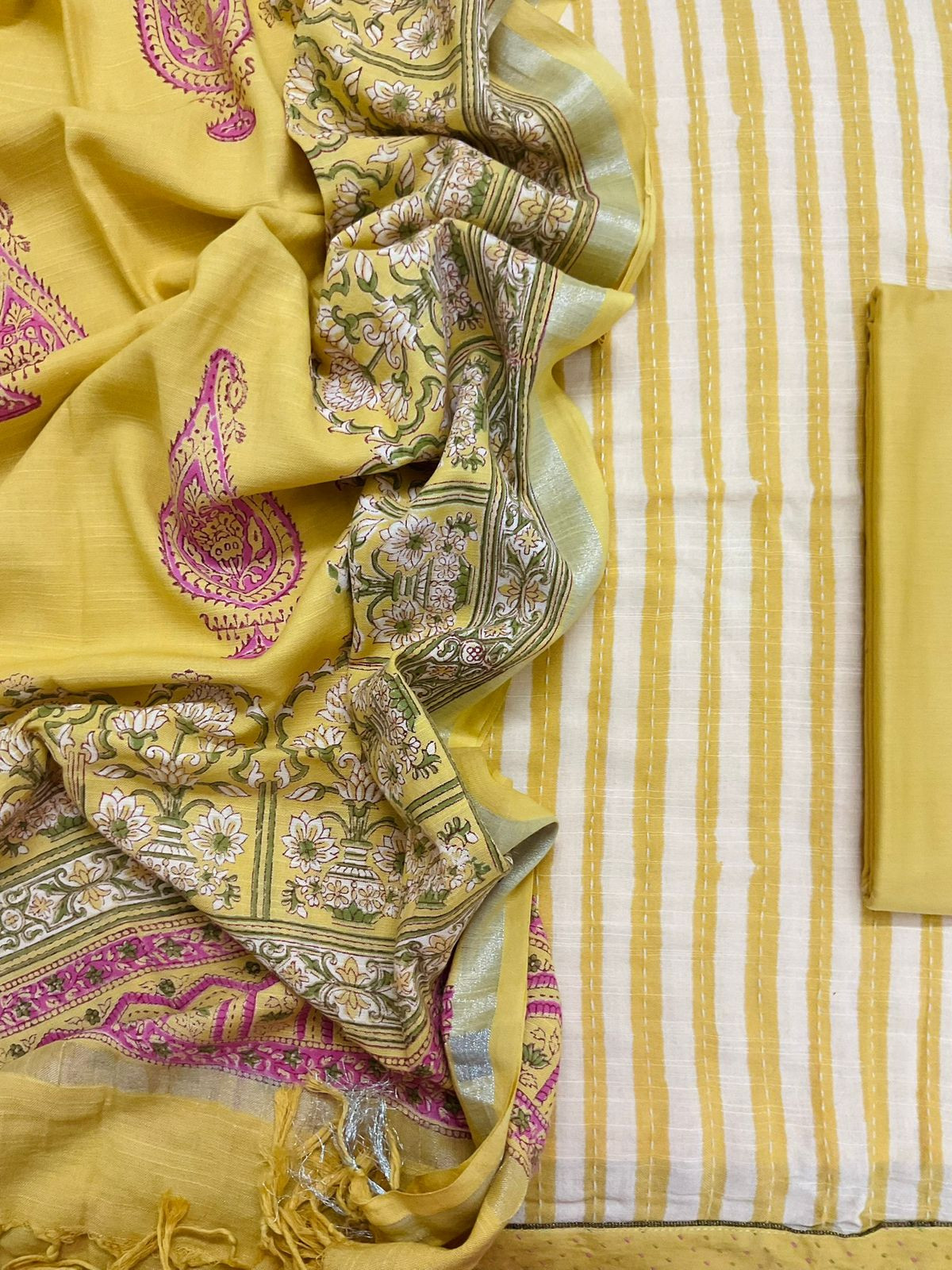 Soft Linen Jute Cotton Printed Embroidered Suit - Yellow