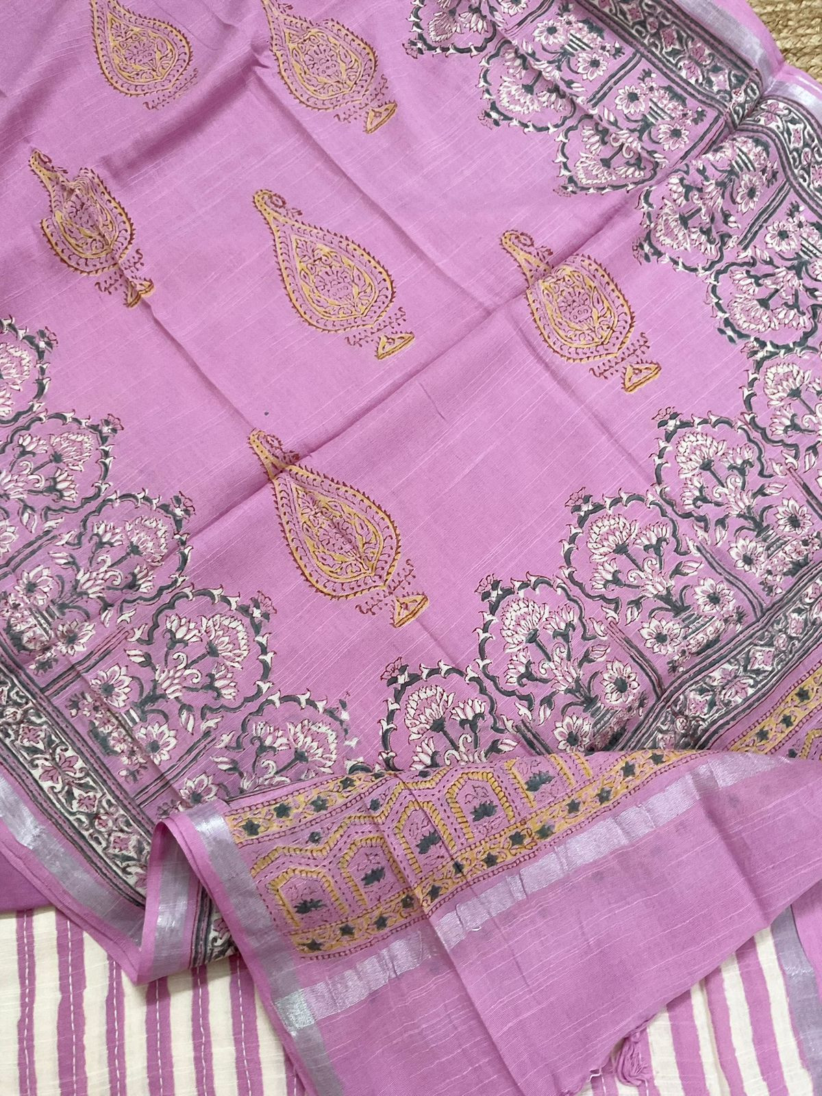 Soft Linen Jute Cotton Printed Embroidered Suit - Lavender