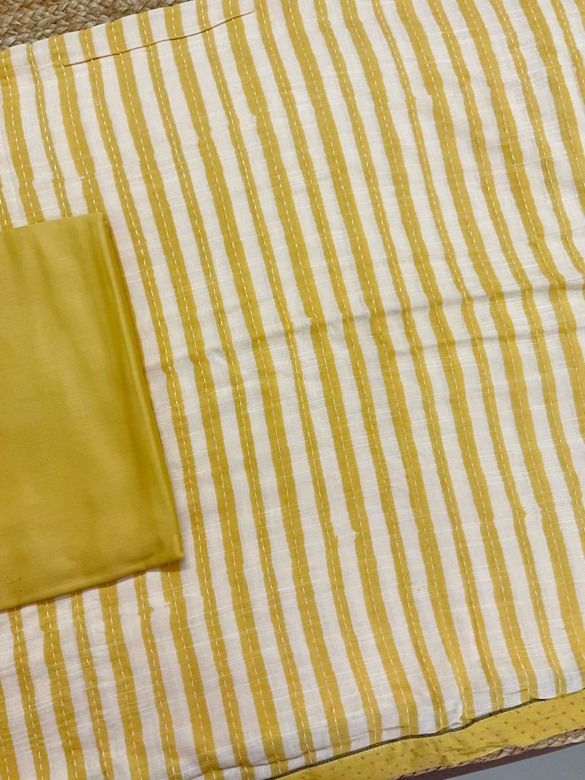 Soft Linen Jute Cotton Printed Embroidered Suit - Yellow