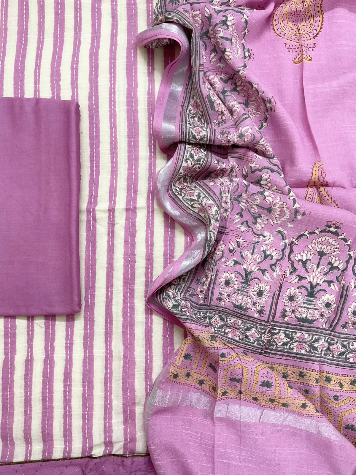 Soft Linen Jute Cotton Printed Embroidered Suit - Lavender