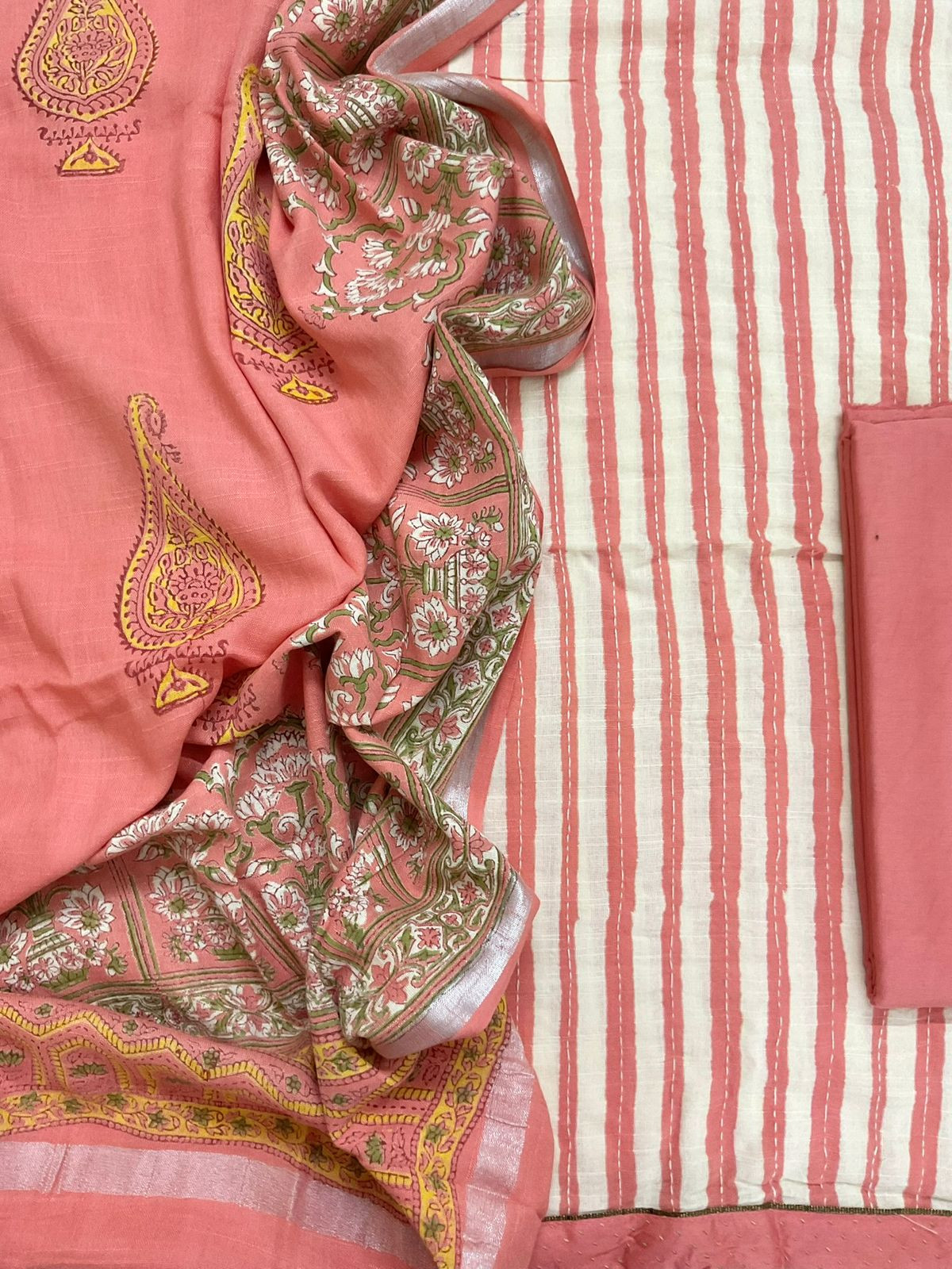 Soft Linen Jute Cotton Printed Embroidered Suit - Peach