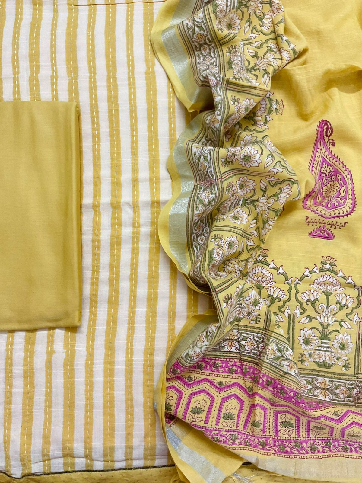 Soft Linen Jute Cotton Printed Embroidered Suit - Yellow