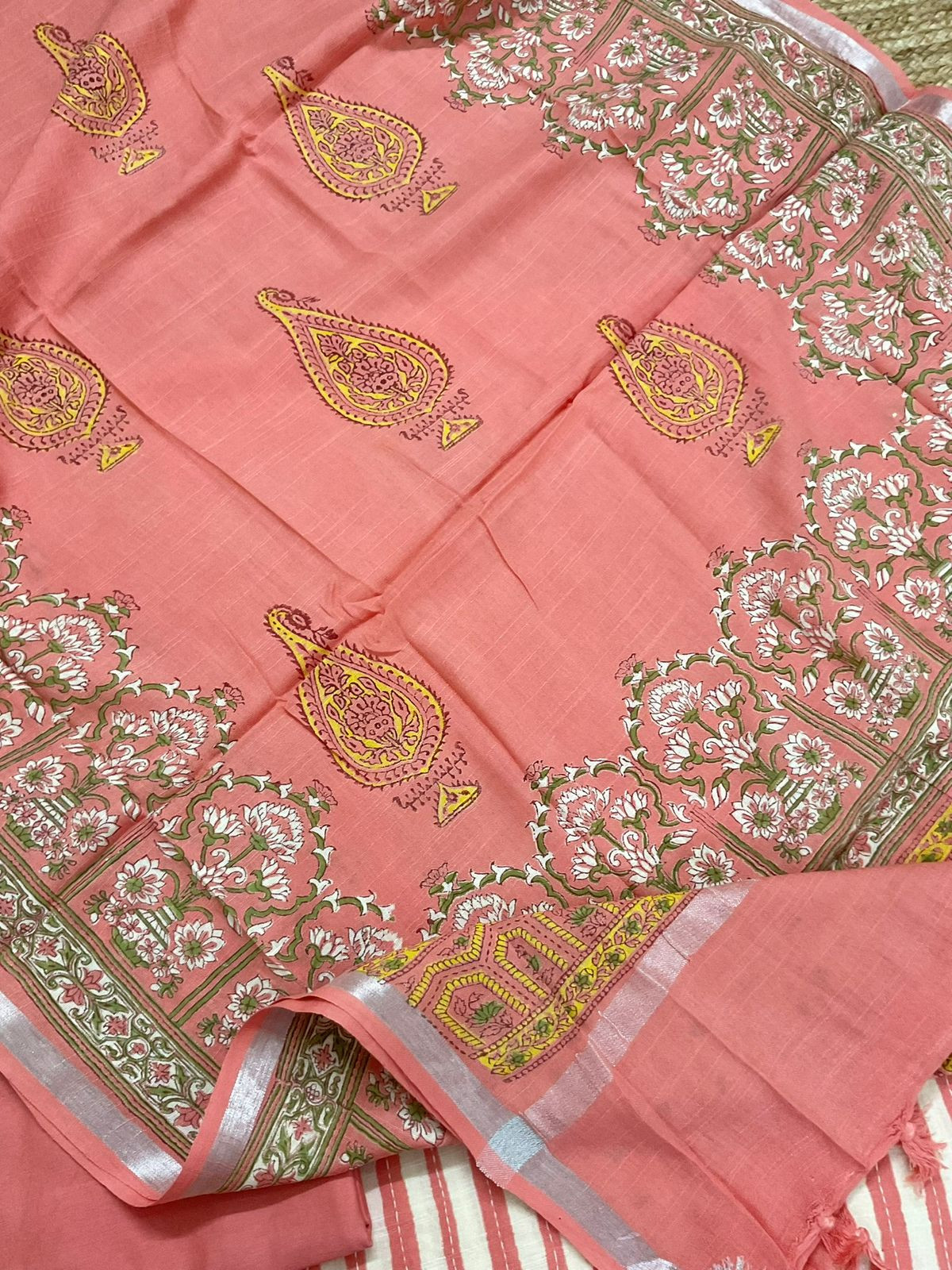 Soft Linen Jute Cotton Printed Embroidered Suit - Peach