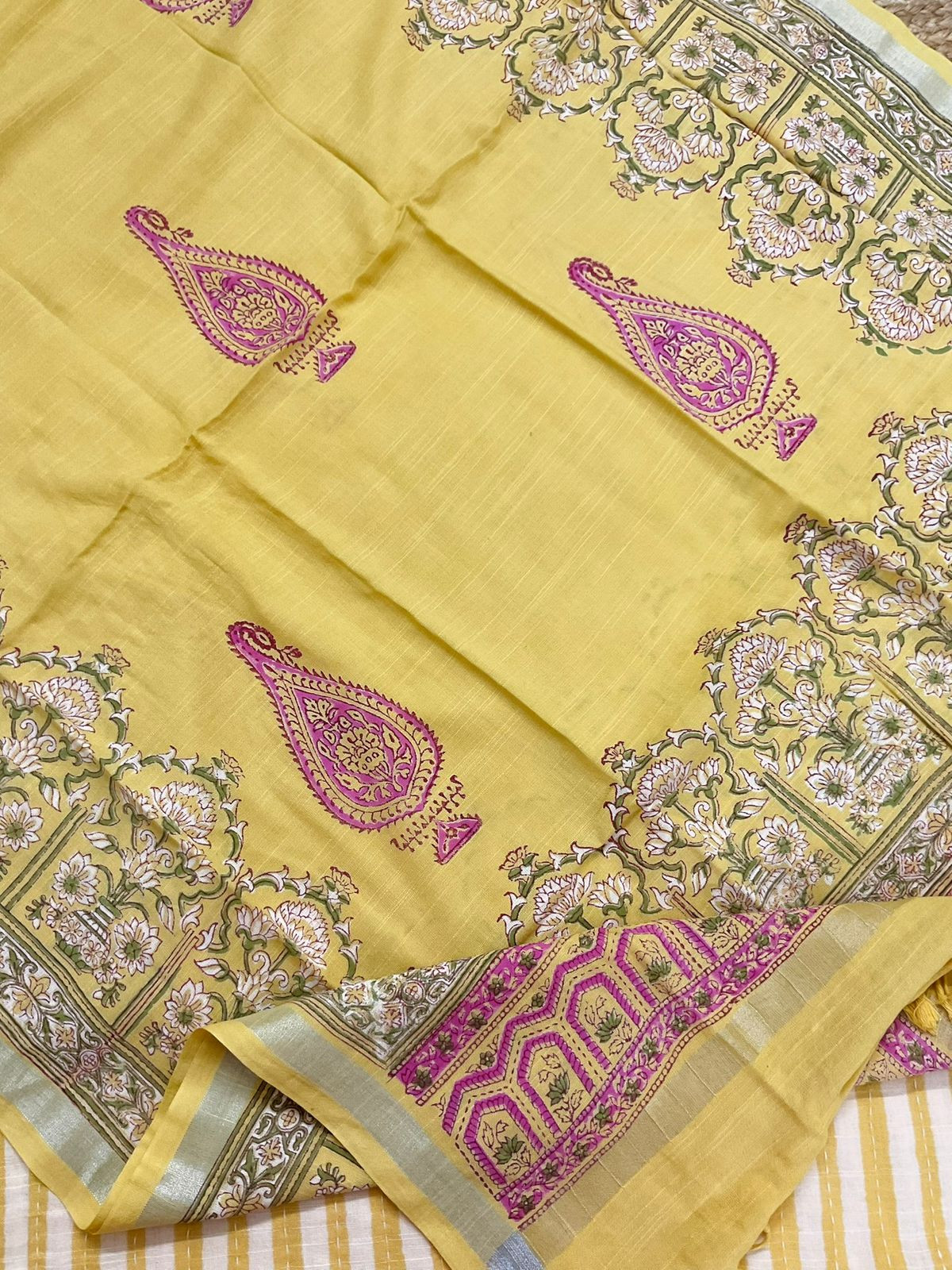 Soft Linen Jute Cotton Printed Embroidered Suit - Yellow