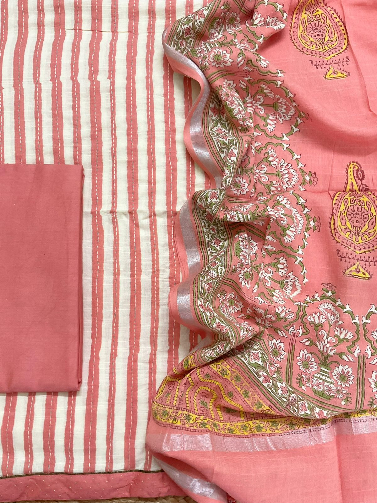 Soft Linen Jute Cotton Printed Embroidered Suit - Peach