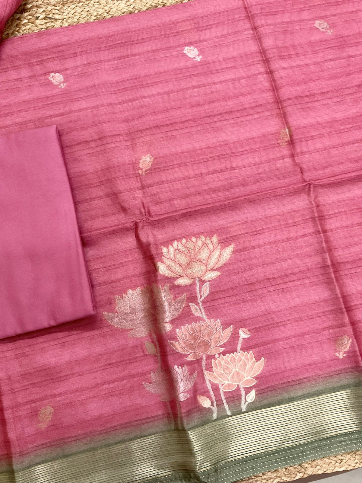 Soft Semi Tussar Silk Jamdani Weaved Suit - Pink