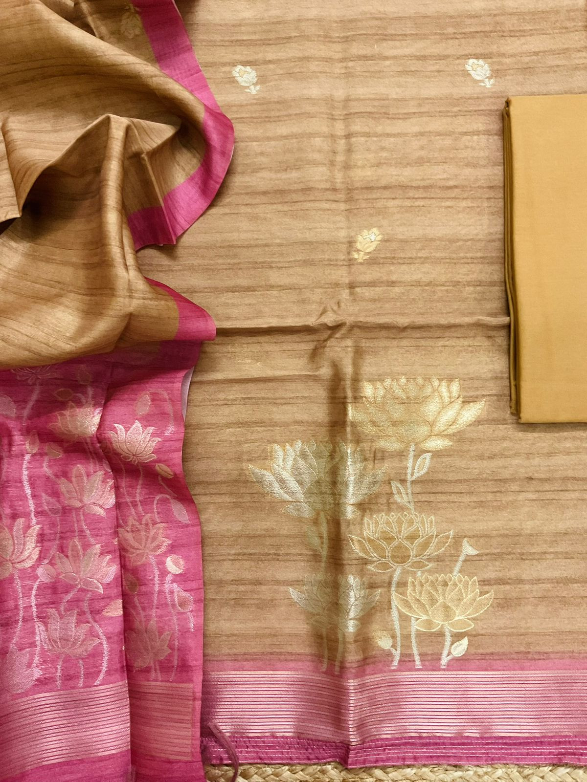 Soft Semi Tussar Silk Jamdani Weaved Suit - Mustard Gold