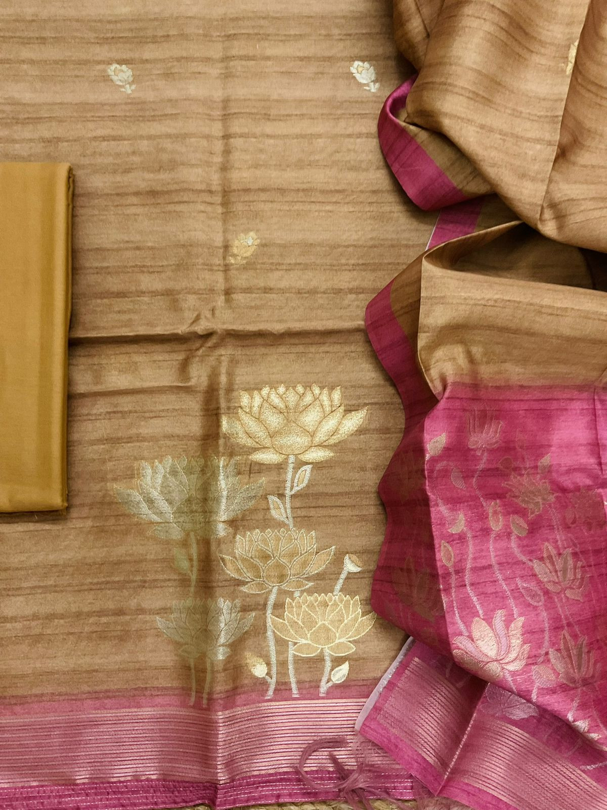 Soft Semi Tussar Silk Jamdani Weaved Suit - Mustard Gold