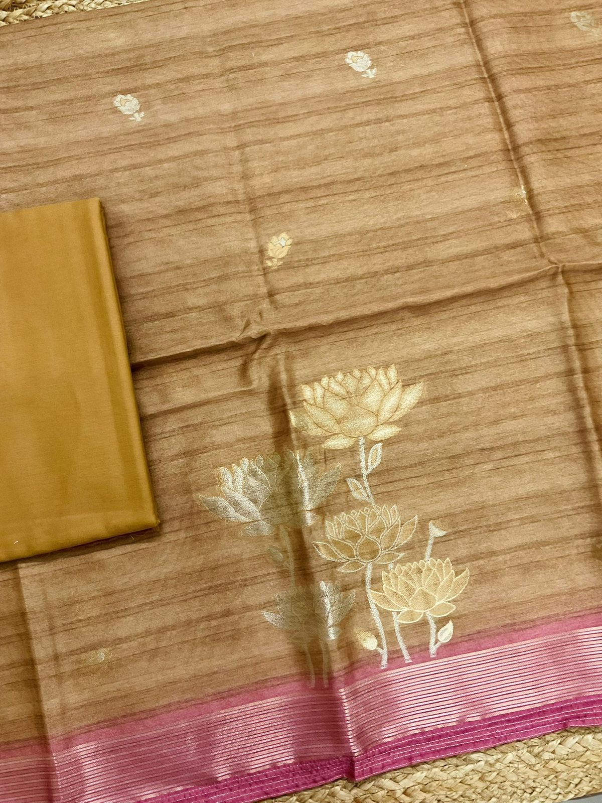 Soft Semi Tussar Silk Jamdani Weaved Suit - Mustard Gold